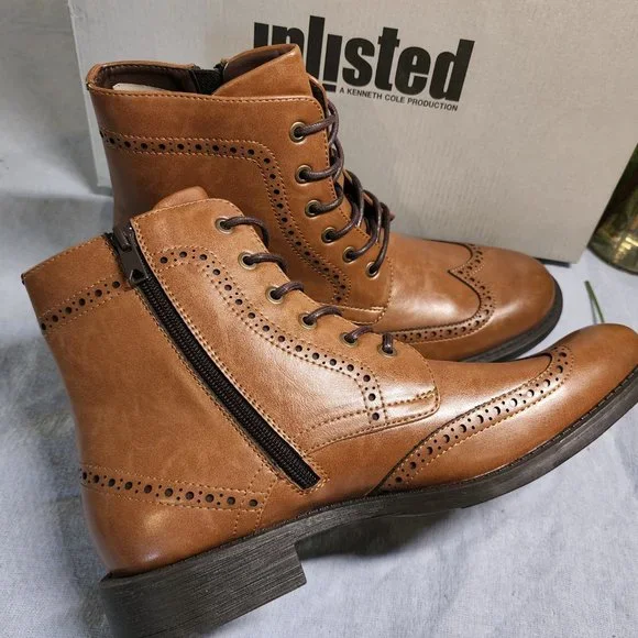 Kenneth Cole Lace-up Unlisted Boots with Zipper- Pebble Leather Size 9.5M